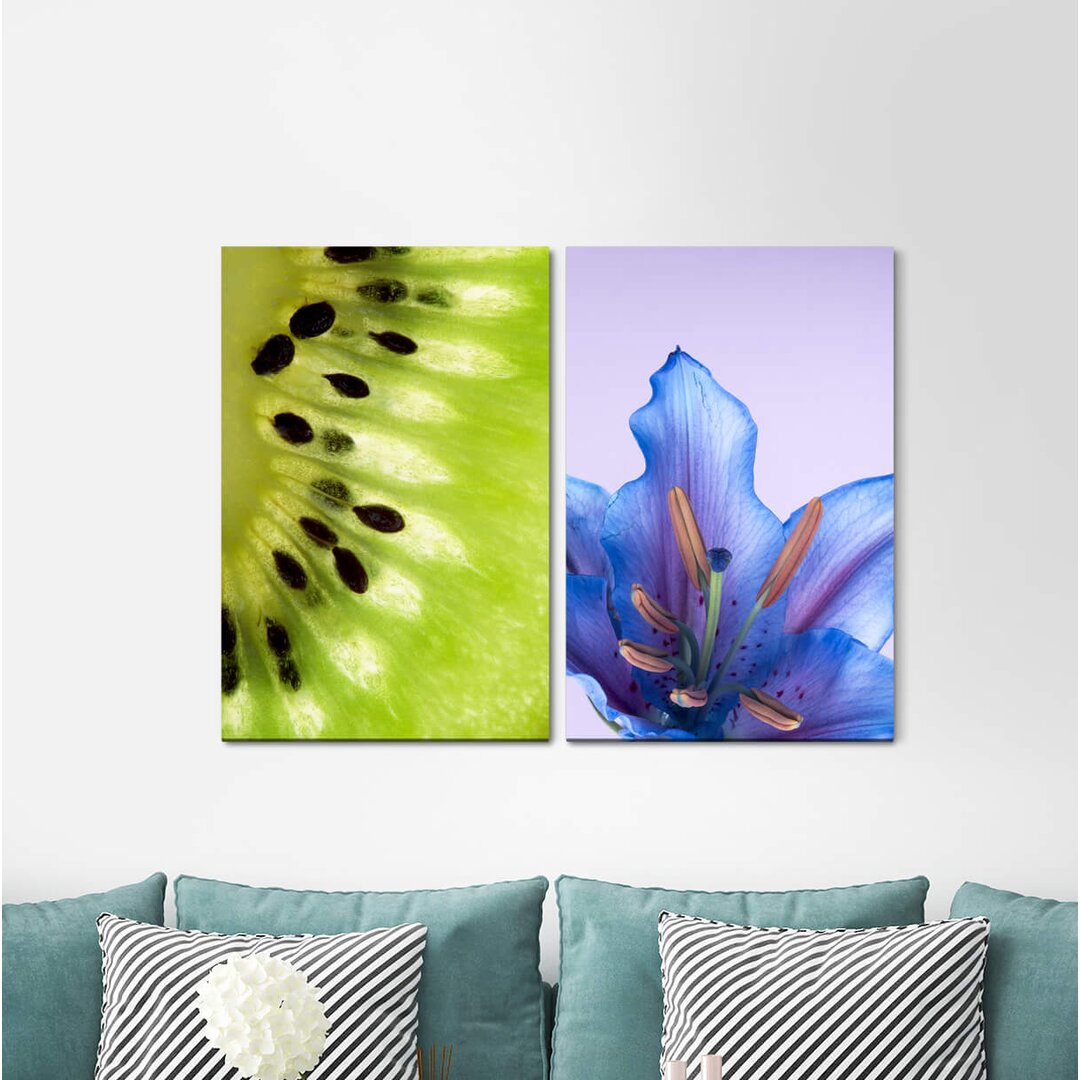 2-tlg. Leinwandbilder-Set - Fotografie „Kiwi Green Blue Fresh Flowers Blossom”