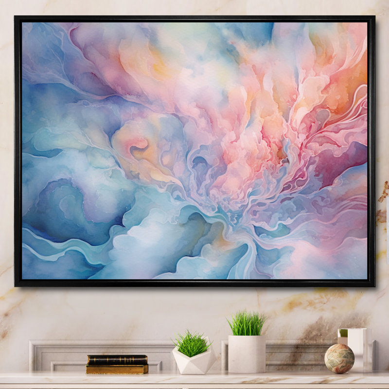 Rose et turquoise enchantés - impressions abstraites sur toile, H 30 po x l 40 po x P 1,5 po, Cadre flottant noir