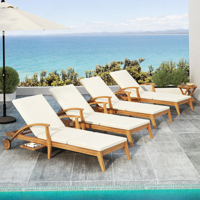 Chaise Lounge With Wheel - Acacia Wood Recliner For Patio/Garden, With 2Inch White Cushion, 4-Position Adjustable Backrest, Versatile Outdoor Furniture