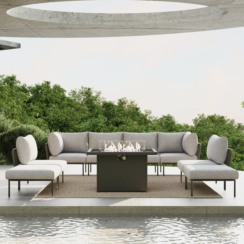 Ebern Designs 9 Pieces Aluminum Patio Furniture Set, Modern Modular Sectional Sofa with Fire Pit Table and Upgrade Thickness Cushion