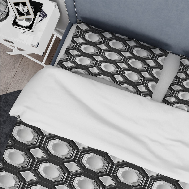 Ensemble de housse de couette moderne noir hexagonal blanc I Modern, Housse de couette simple et deux taies décorative
