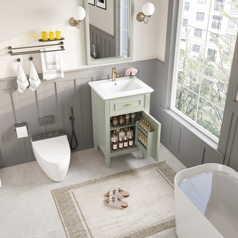 Meuble-lavabo de 20 po avec lavabo, tablette réglable, tiroir inclinable et bois d'hévéa pour les petits espaces de vie