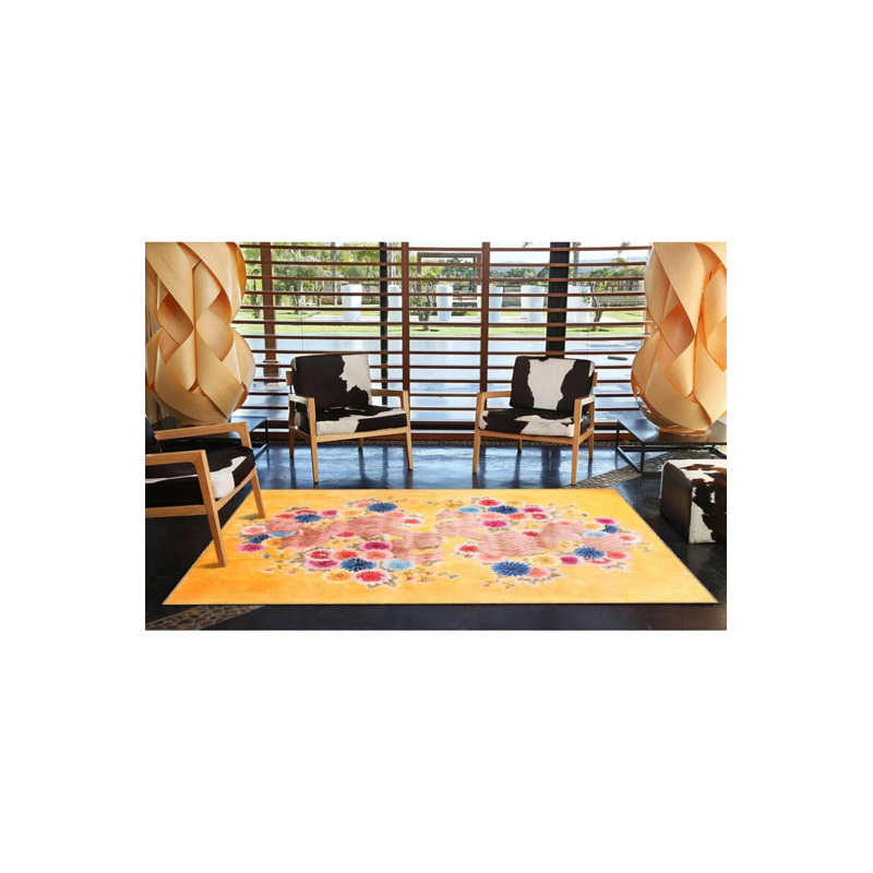 Tapis décoratif moderne à motif jaune à motif abstrait, Rond 4 pi