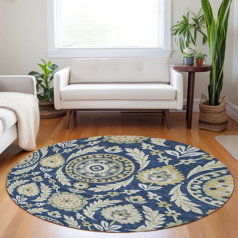Premium Machine Washable Prisco Navy Rug, Round 8'