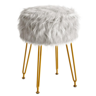 Furry Round Vanity Stool 11.8X11.8X18.1 Inch Grey Faux Fur Padded Seat With Metal Legs For Bedroom Living Room Makeup Area