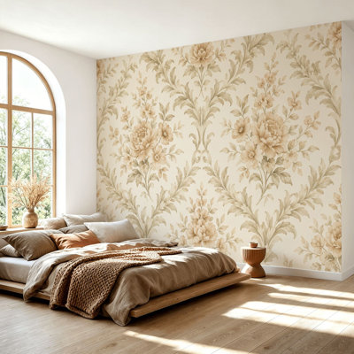 Papier peint adhésif autocollant à motif floral beige rétro à motif de feuilles autocollantes et amovible pour salle de séjour H 69 po x l 96 po