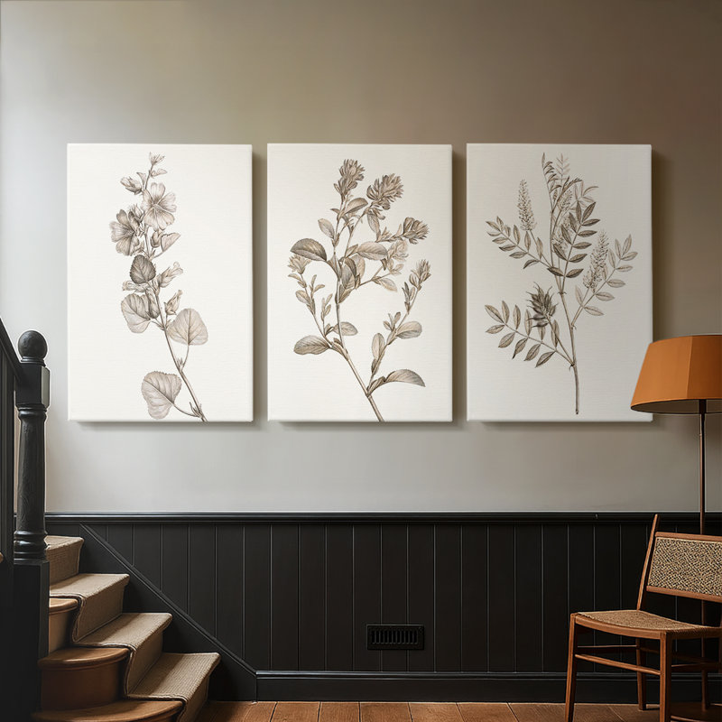 Neutral Botanical Study I - Toile tendue sur mesure avec châssis - 3 pièces, H 27 po x l 54 po, Impression sans cadre