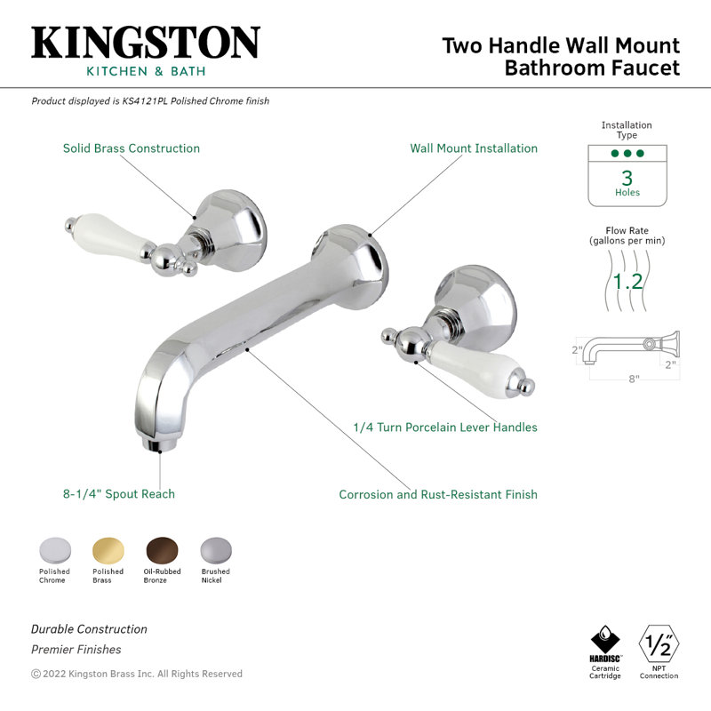 Kingston Brass Metropolitan Two-Handle 3-Hole Wall Mount Bathroom Faucet, Polished Chrome