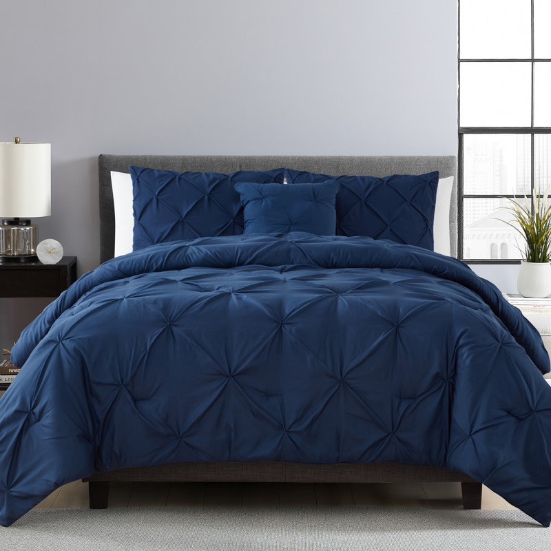Carmen 3-Piece Pintuck Comforter Set, Navy, King Comforter + 2 Shams + 1 Throw Pillow