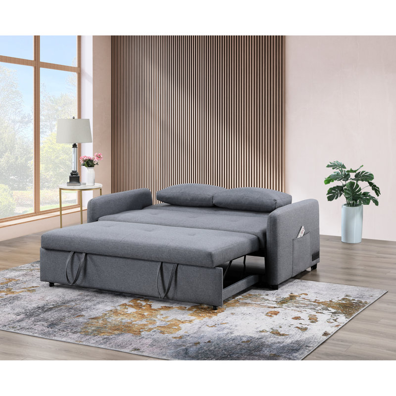 69" Wide Convertible Bed, Grey Linen, Ports, Power Sockets, , Pillows, Pockets Storage To Sleeper, Linen Fabric, 2 Pillows