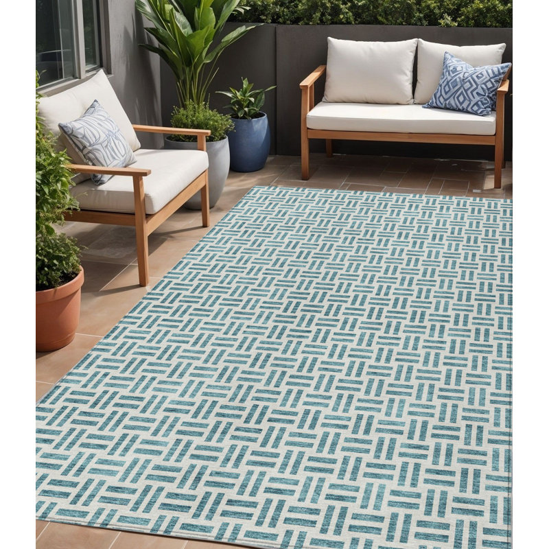 Tapis extérieur bleu sarcelle et ivoire lavable 5 pi x 8 pi bleu sarcelle et ivoire