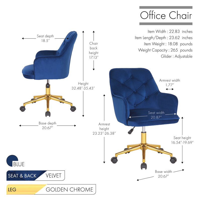 Chaise de bureau en velours Samatha, Velours bleu