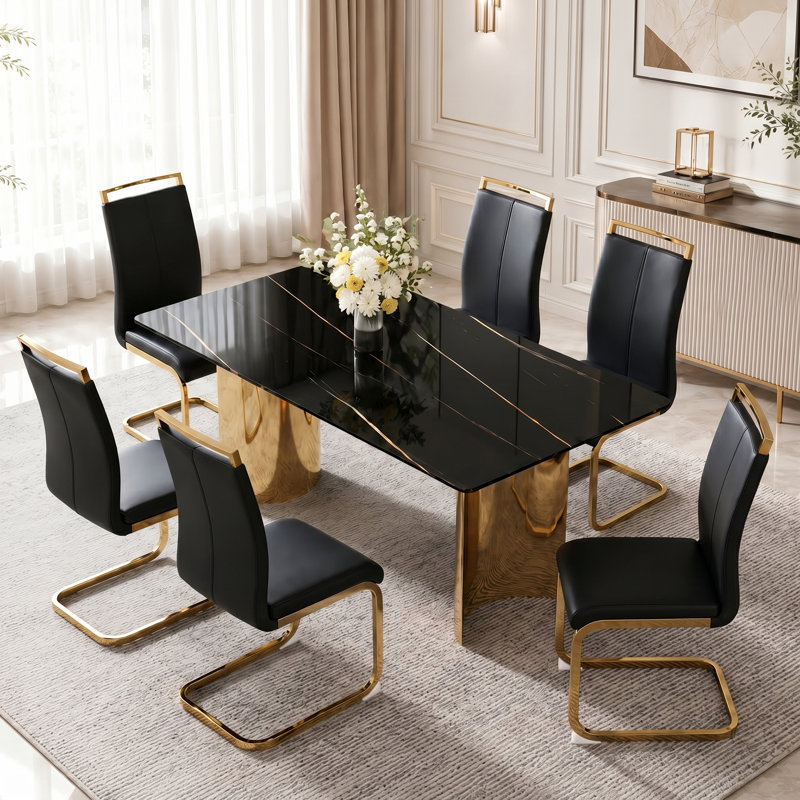 Table de salle à manger rectangulaire moderne en faux marbre avec 6 chaises en porte-à-faux noires, Noir