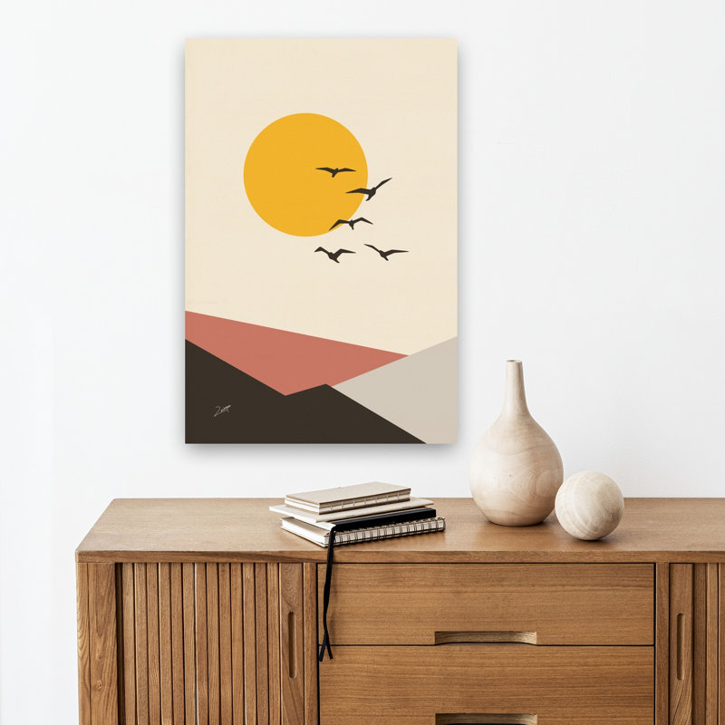 «Minimalist Sun Mountain Flight», reproduction géométrique abstraite d'oiseaux de montagne, art mural, 18" H x 12" W