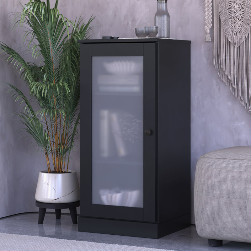 100% Solid Wood 3-Shelf Bookcase with Frosted Glass Door and Adjustable Shelves, Black