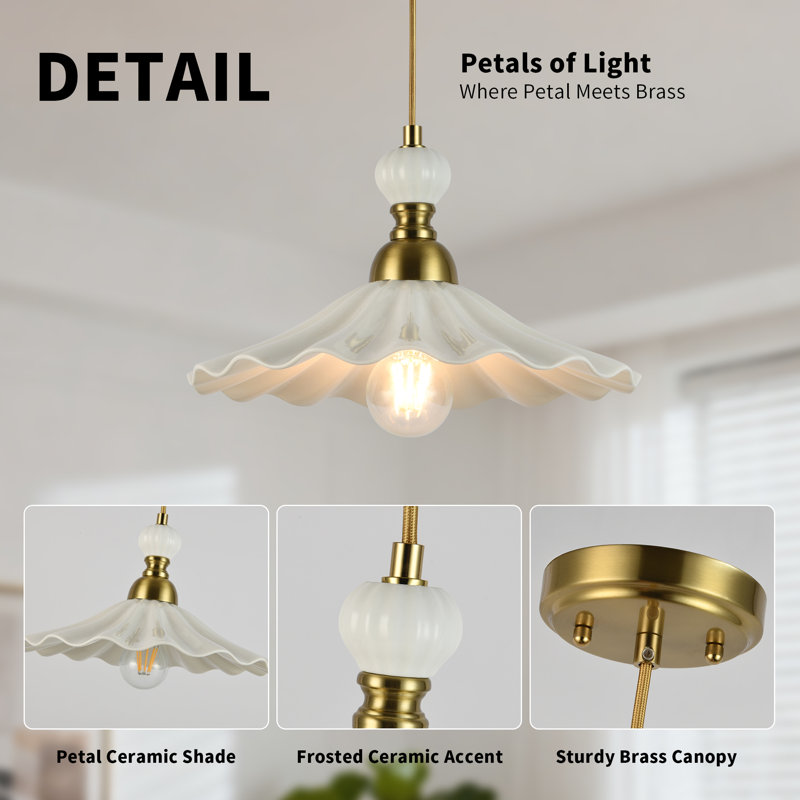 1-Light 12" White Ceramic Petal Pendant Light