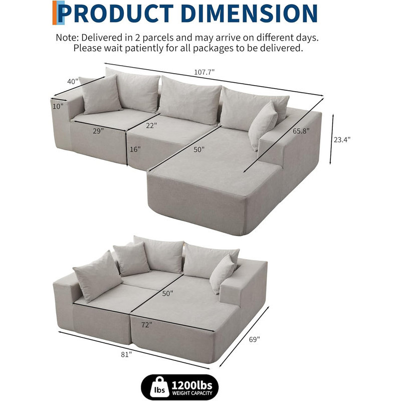 Canapé modulaire en L 106 po avec méridienne modulaire en L avec siège profond, aucun assemblage requis