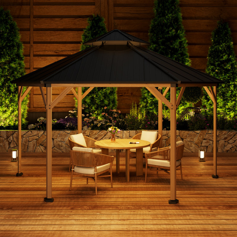 15Ft Hexagon Fir Wood Gazebo With Solar LED Light