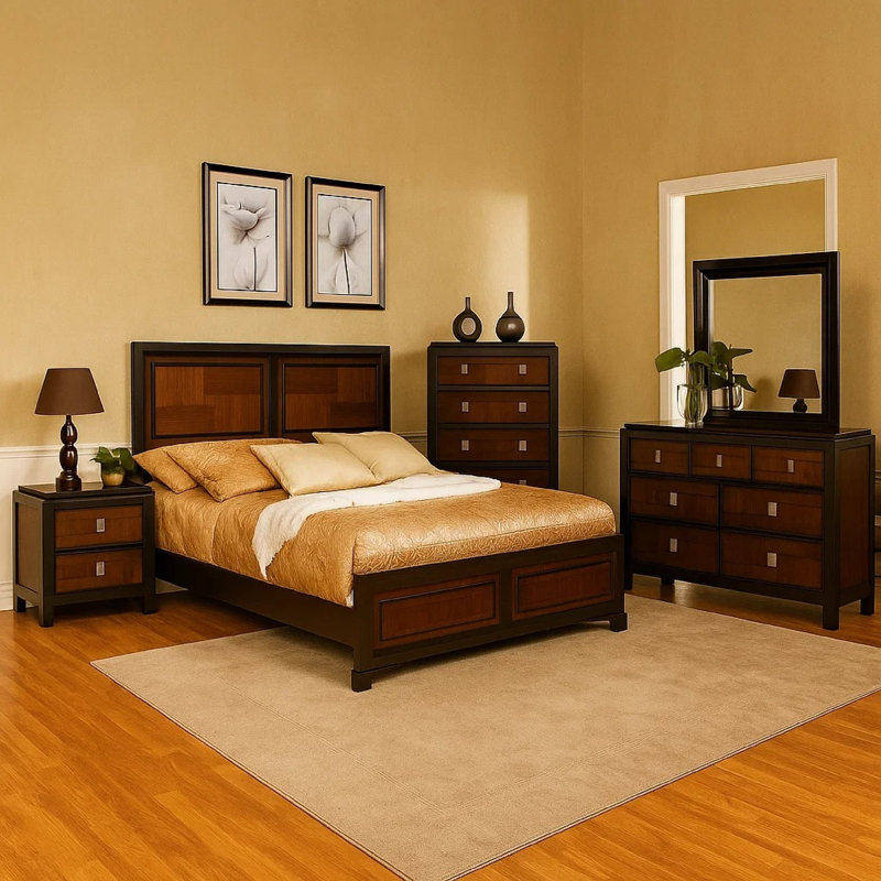 Ensemble de chambre à coucher grand 5 pièces Nera, grande commode, noyer d'acacia brun noir