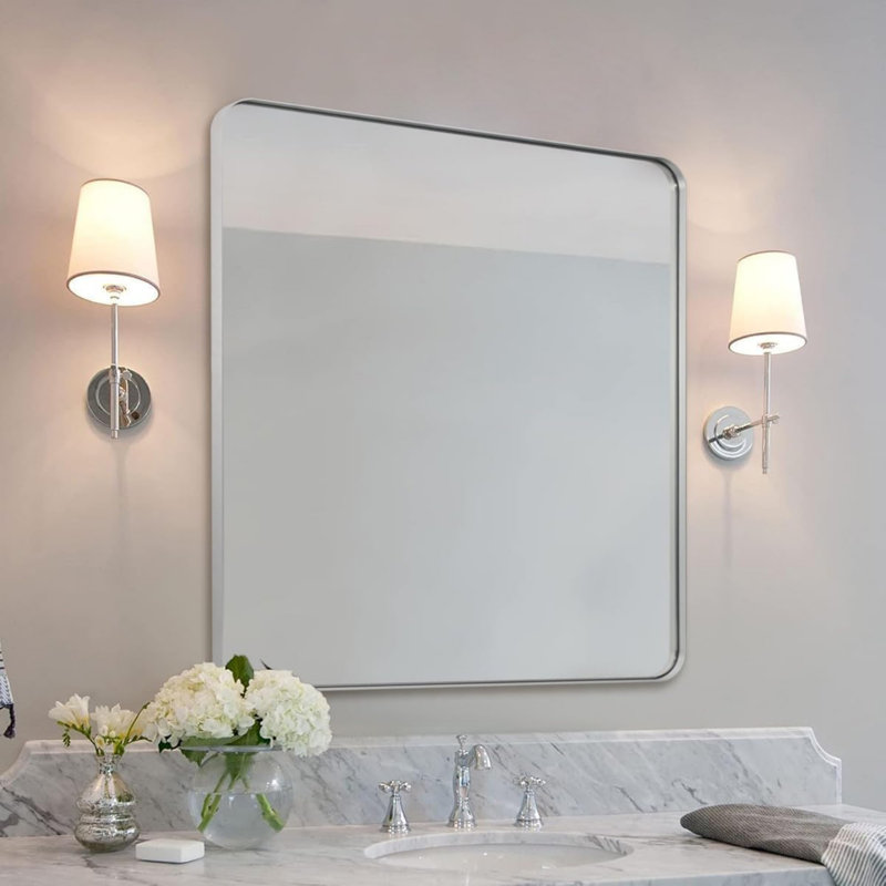 Inse Modern Rounded Rectangle Bathroom Vanity Mirror | Stainless Steel Frame, Polished Chrome, 40" x 36"