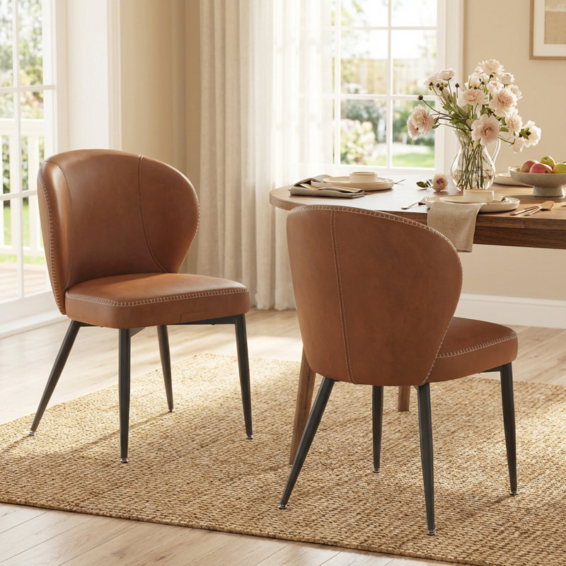 Synthetic Leather Upholstered Dining Chairs with Stitching, Brown