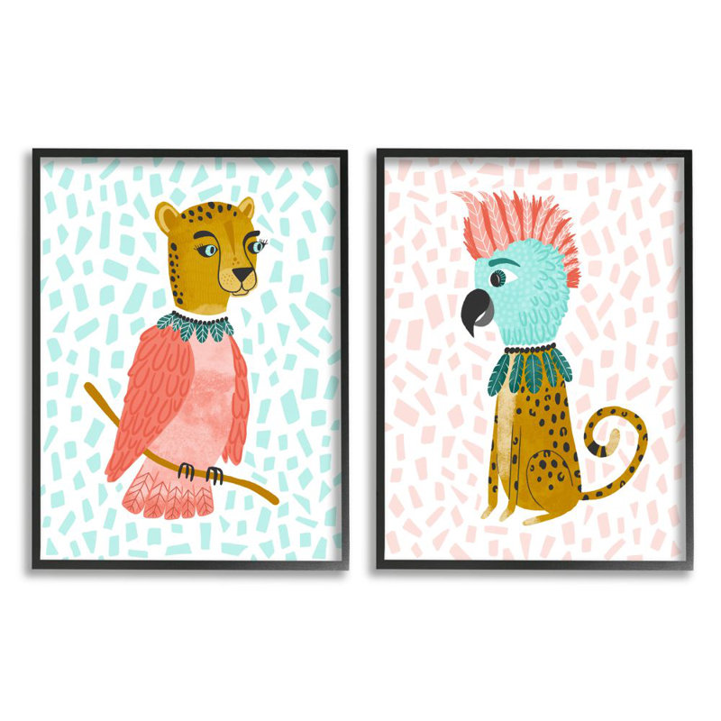 «Cheetah Bird Playful Animal» par Molly Fabiano - ensemble de 2 reproductions d'impressions, Giclée encadrée noir minuit