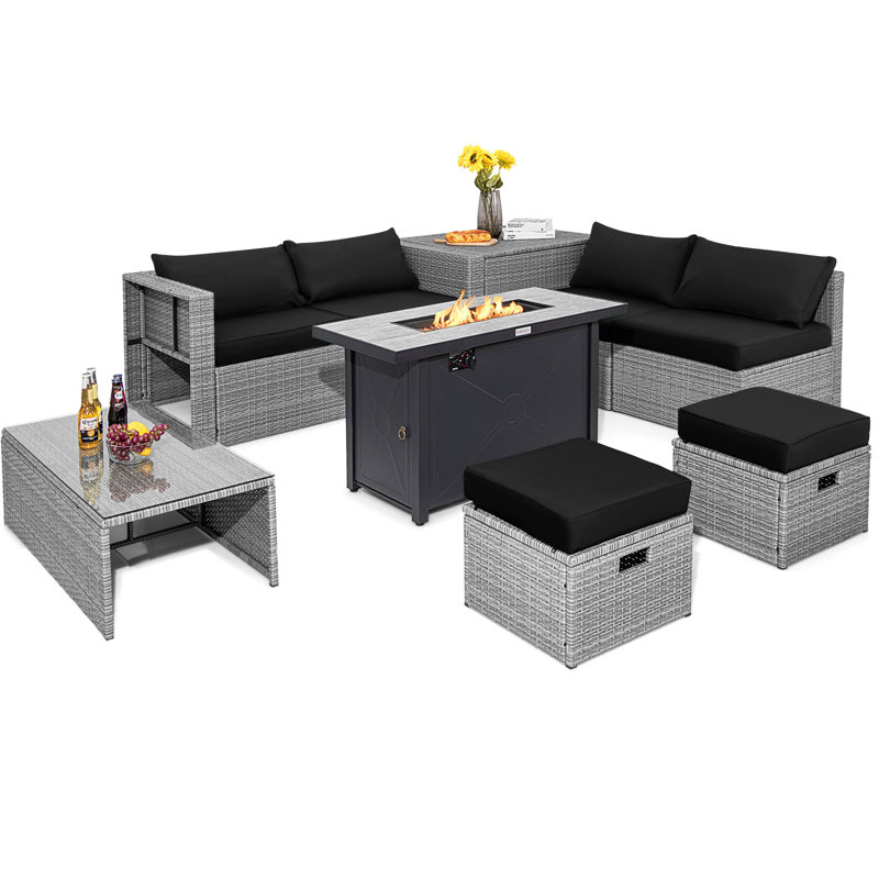 Wicker 6 - Person Patio Conversation Set with Cushions, Black