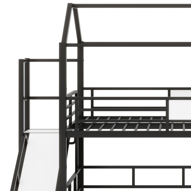 Metal House Loft Bed With Slide，Stairs And Storage Shelves, Black