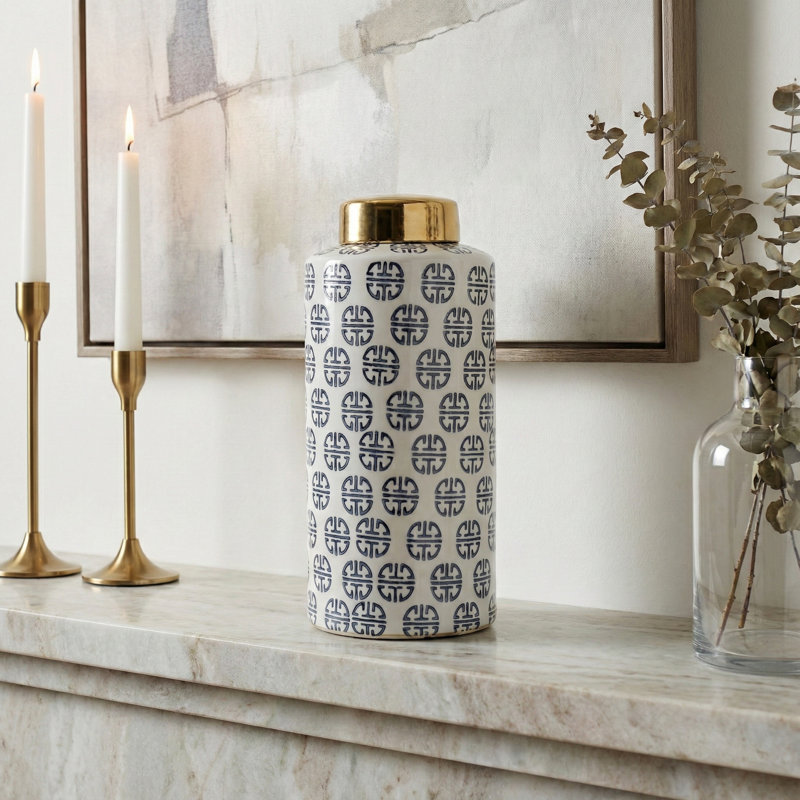 Pot de rangement en céramique avec couvercle pour la décoration intérieure Timeless, H 13 po x l 6 po x P 6 po