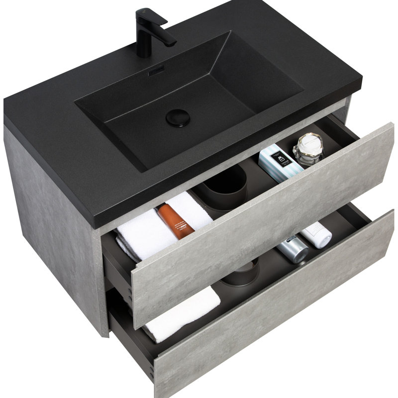 Meuble-lavabo flottant 36 po, gris moderne avec lavabo. Bassin de sable quartz et tiroirs à fermeture en douceur faciles à gérer. 24V12-36Gr Sans effort