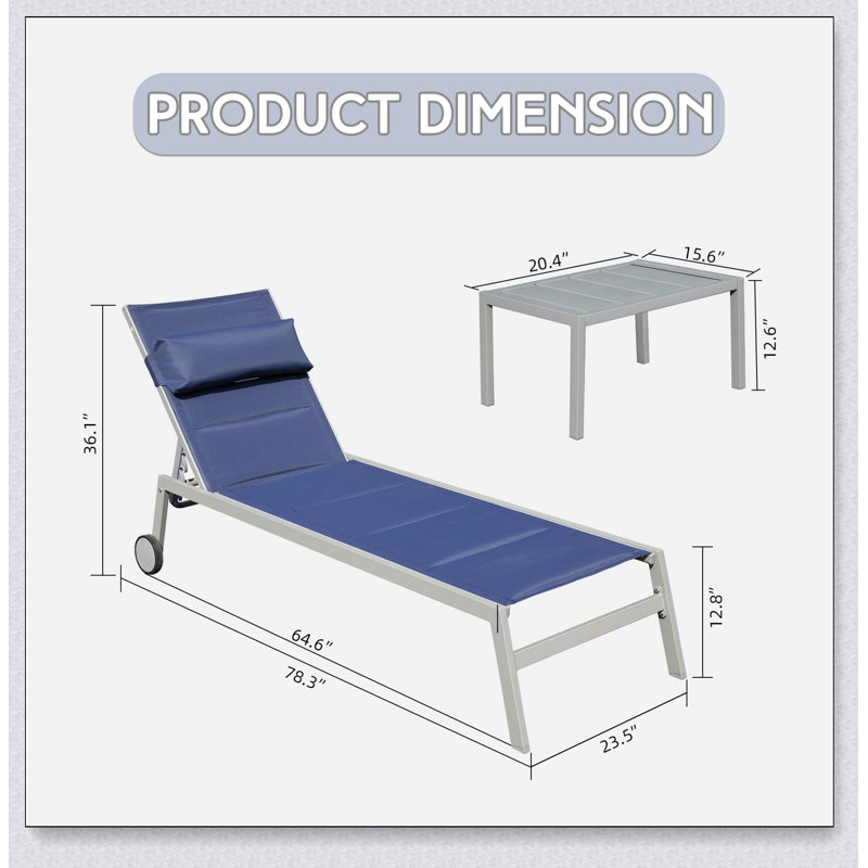 Ensemble de 3 chaises longues d'extérieur en aluminium avec table d'appoint et roulettes, Bleu