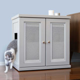 The Refined Litter Box - Wood Cat Litter Box Enclosure Cabinet With Drawer, Cane Style
