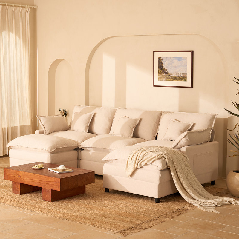 U-Shaped Modular Sectional Sofa, 274cm Cloud Deep Seat Sofa, Chenille Fabric Sofa Couch for Living Room & Lounge, Beige