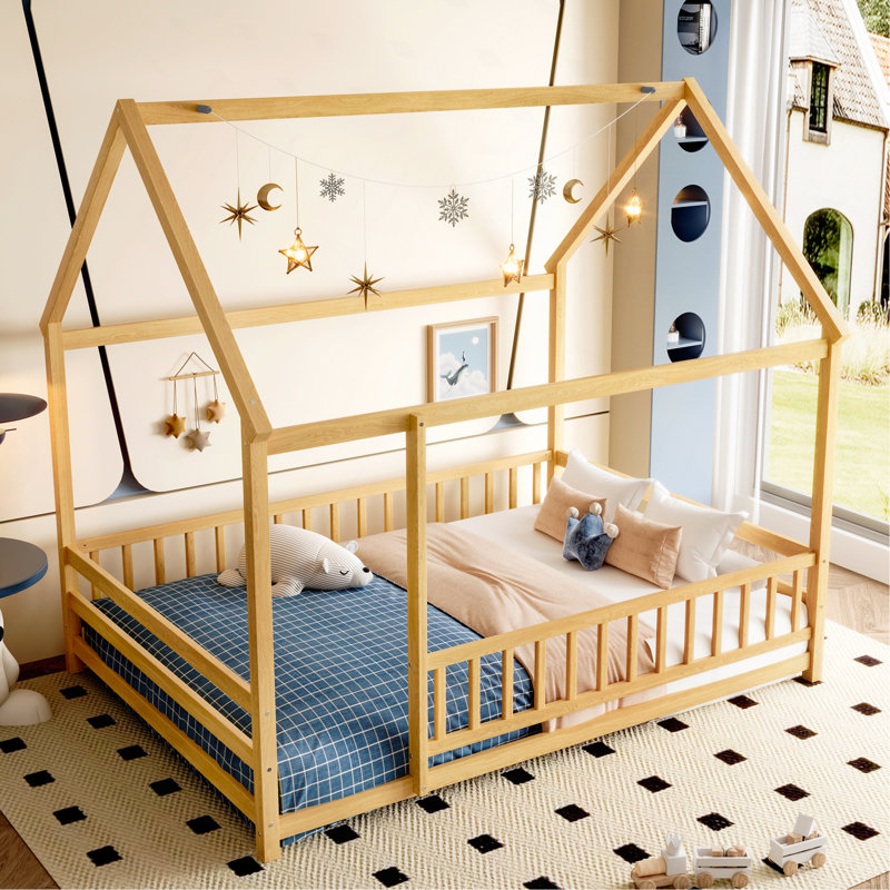 Floor Wooden Bed With House Roof Frame, Fence Guardrails, Natural, Full