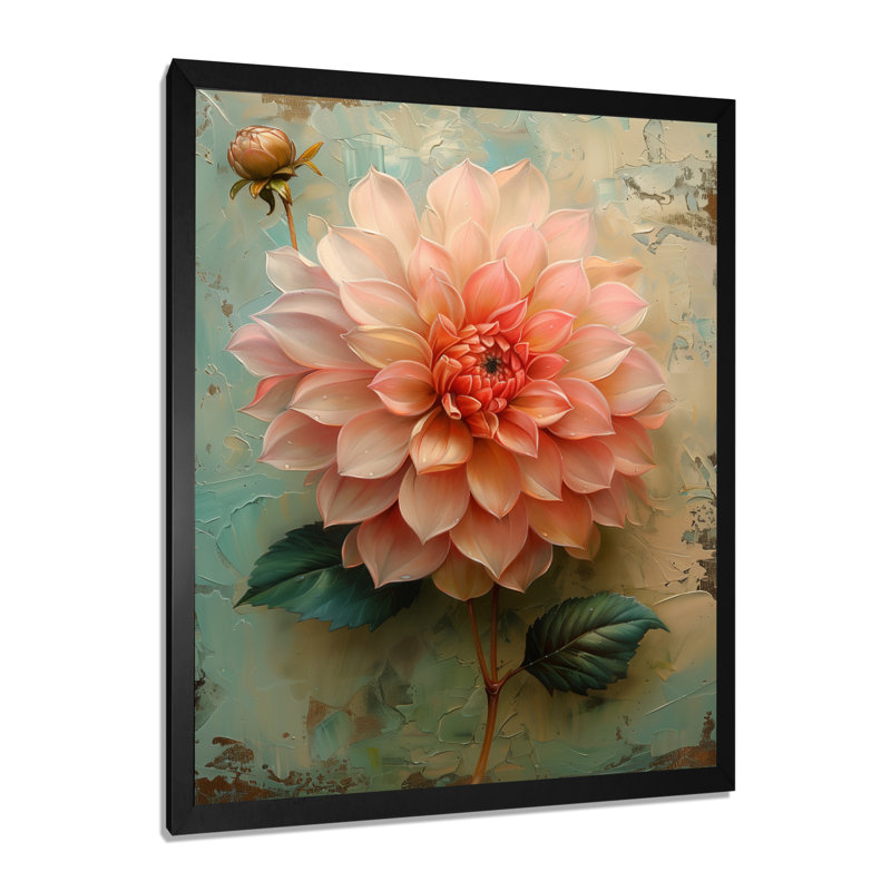 Décoration murale dahlia rose rose bleu rétro - Dahlia, Cadre simple noir, H 34 po x l 44 po