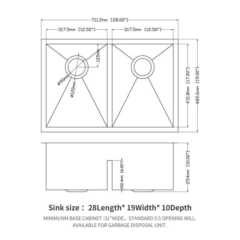 28"X19" Stainless Steel Undermount Double Bowl Sink, 16 Gauge, 10" Deep Basin, Soundproof & Condensation Satisfying Progressive