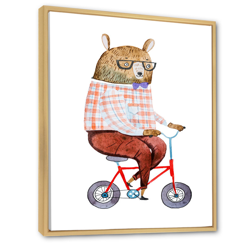 Dessin animé ours sur un vélo - Art mural pour enfants, décoration murale, H 12 po x l 8 po x P 1 po, Cadre naturel flottant
