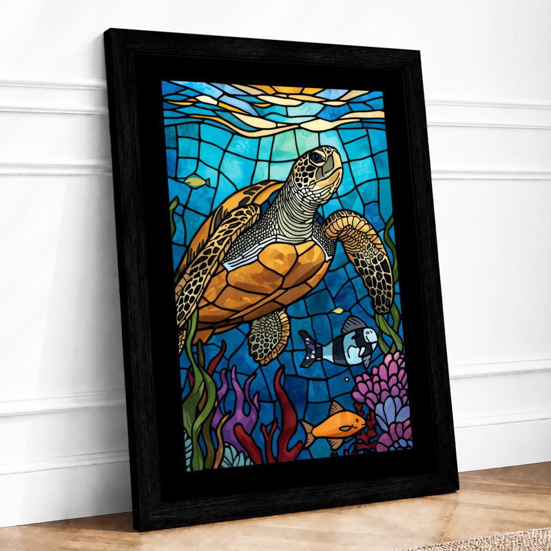 Turtle in Stained Glass Coastal - Framed Print, A3 - 42.0 x 29.7 cm, Black