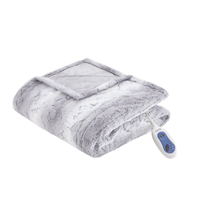 Gray Faux Fur Reversible Heated Electric Throw Blanket