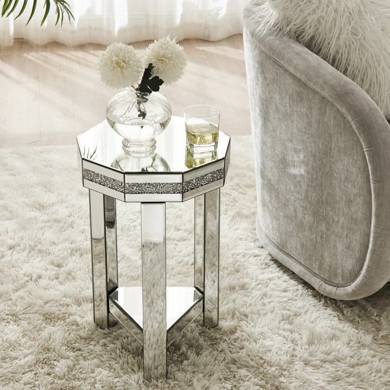 2 tables octogonales en miroir avec cristaux, décor argenté, pour le salon, la chambre à coucher, les petits espaces, l 13,8 po x P 13,8 po x H 21 po, remplisseur acrylique, structure café argenté stable, finition brillante, + verre