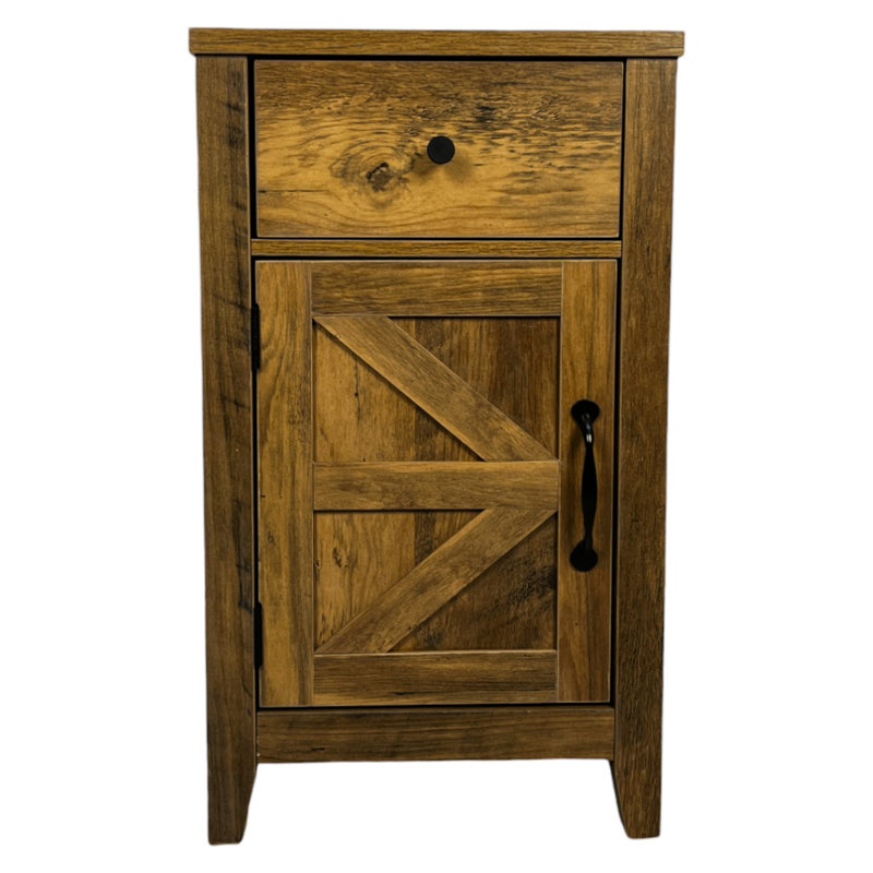 Table de chevet brune avec fonction de chargement. Abondante option de rangement pour tiroir et porte de grange. Fabrication en panneau de particules. Fonctionnement simple de la table de bout. Vaste panneau de particules. Simple