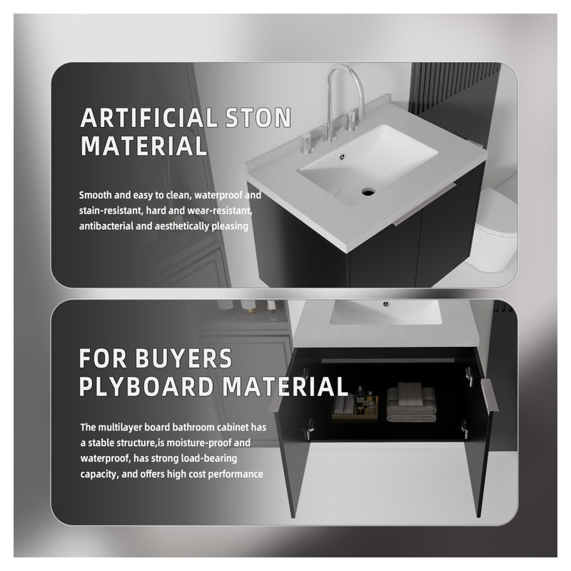 Meuble-lavabo flottant noir de 24 po avec lavabo intégré et porte à fermeture en douceur, Black