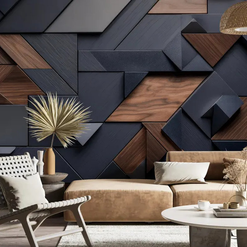 Panneau mural géométrique moderne en bois foncé 3D, L 108 po x l 96 po