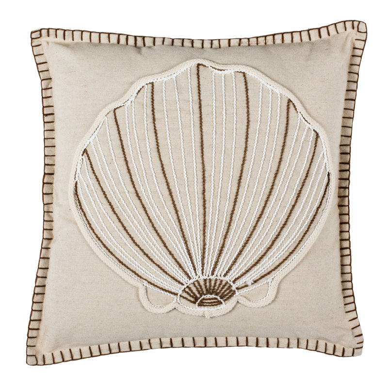 Natural Beige Seashell Embroidered Cotton 18" Throw Pillow