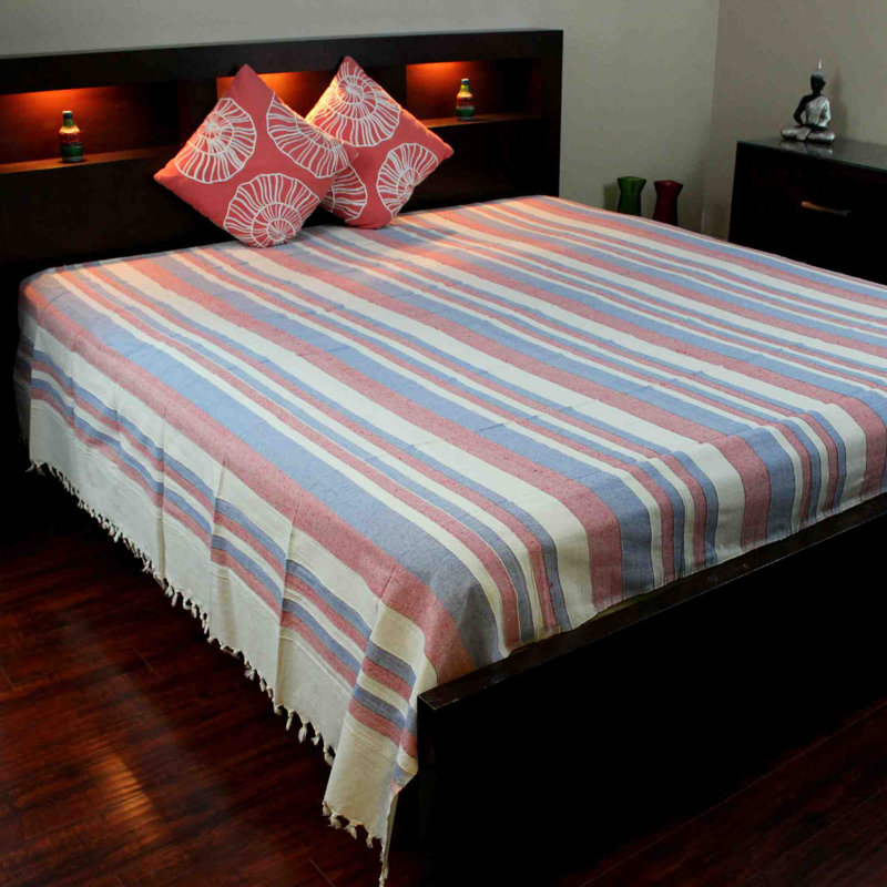 100% Cotton Striped Flat Sheet, Beige/Red/Blue