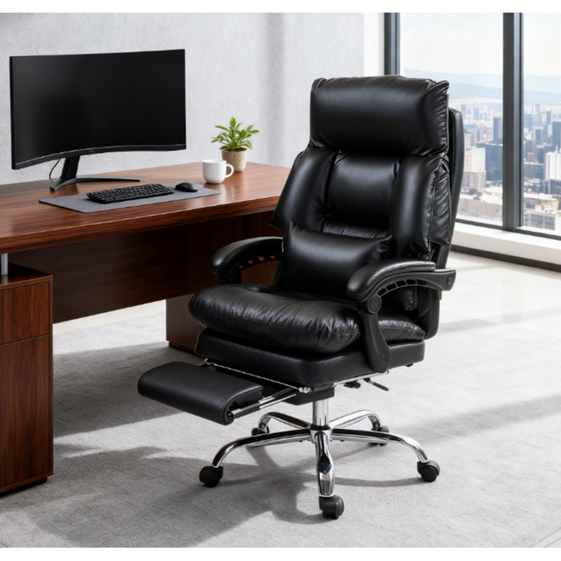 Chaise de bureau rembourrée à dossier haut avec repose-pieds, Noir