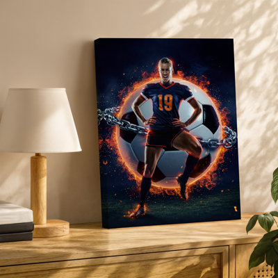 Canvas A Muscular Soccer Player Stands Confidently In A Dynamic Pose Wall Art Wearing A Dark Blue Jersey Adorned With Fiery Orange And Canvas Wall Art