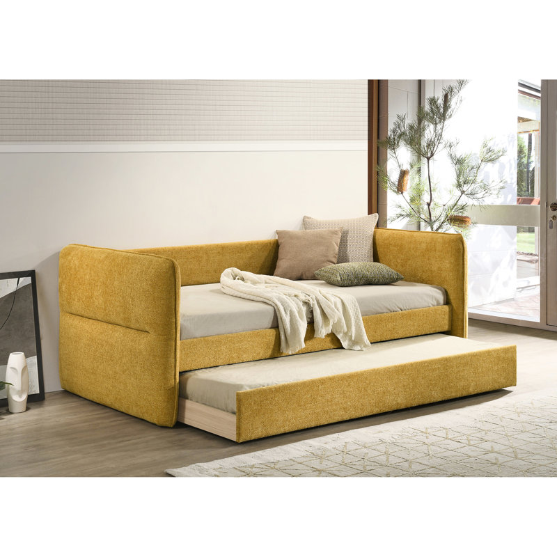 Gold - Finished Modern Daybed With Button And Built In Trundle, Nailhead Trim, Wood, For Bedroom Living Spaces, Mattress Not Supplied Style Pull Out , Finish, Solid Lounge, Listing