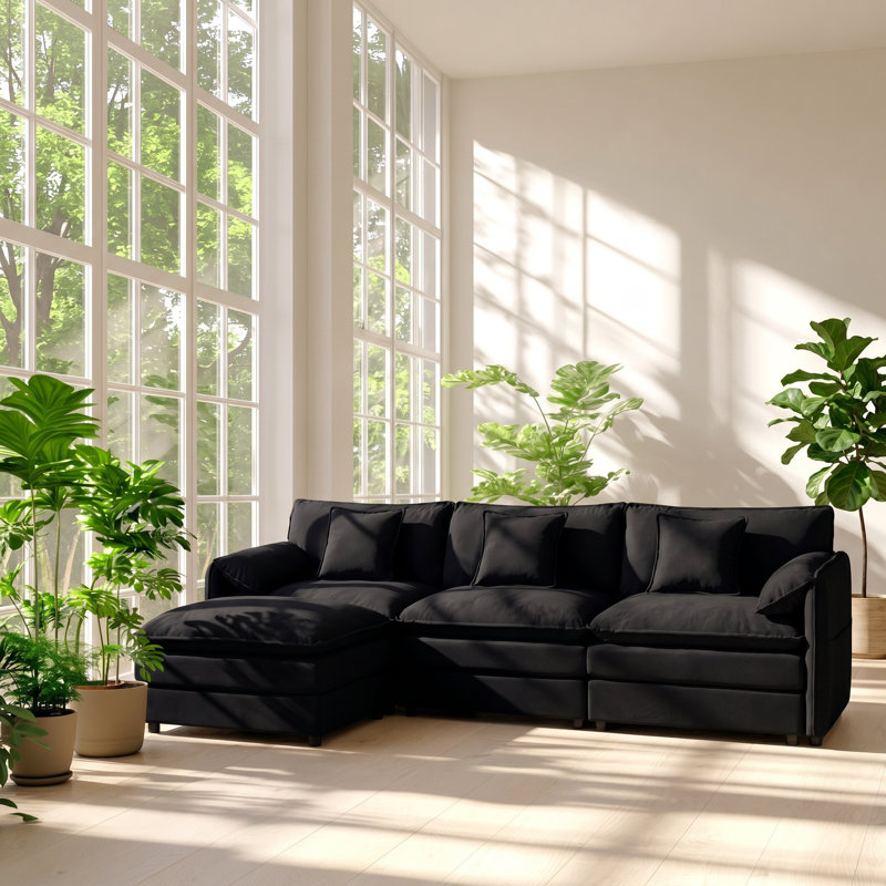 Aura 109.45" W x 57.48" D x 33.46" H 4-Seat Chenille Modular Sectional Sofa, Black Chenille