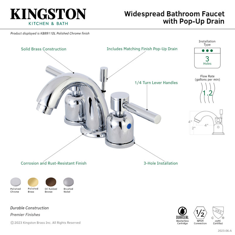 Kingston Brass Concord Two-Handle 3-Hole Deck Mount Widespread Bathroom Faucet with Retail Pop-Up Drain, Polished Brass